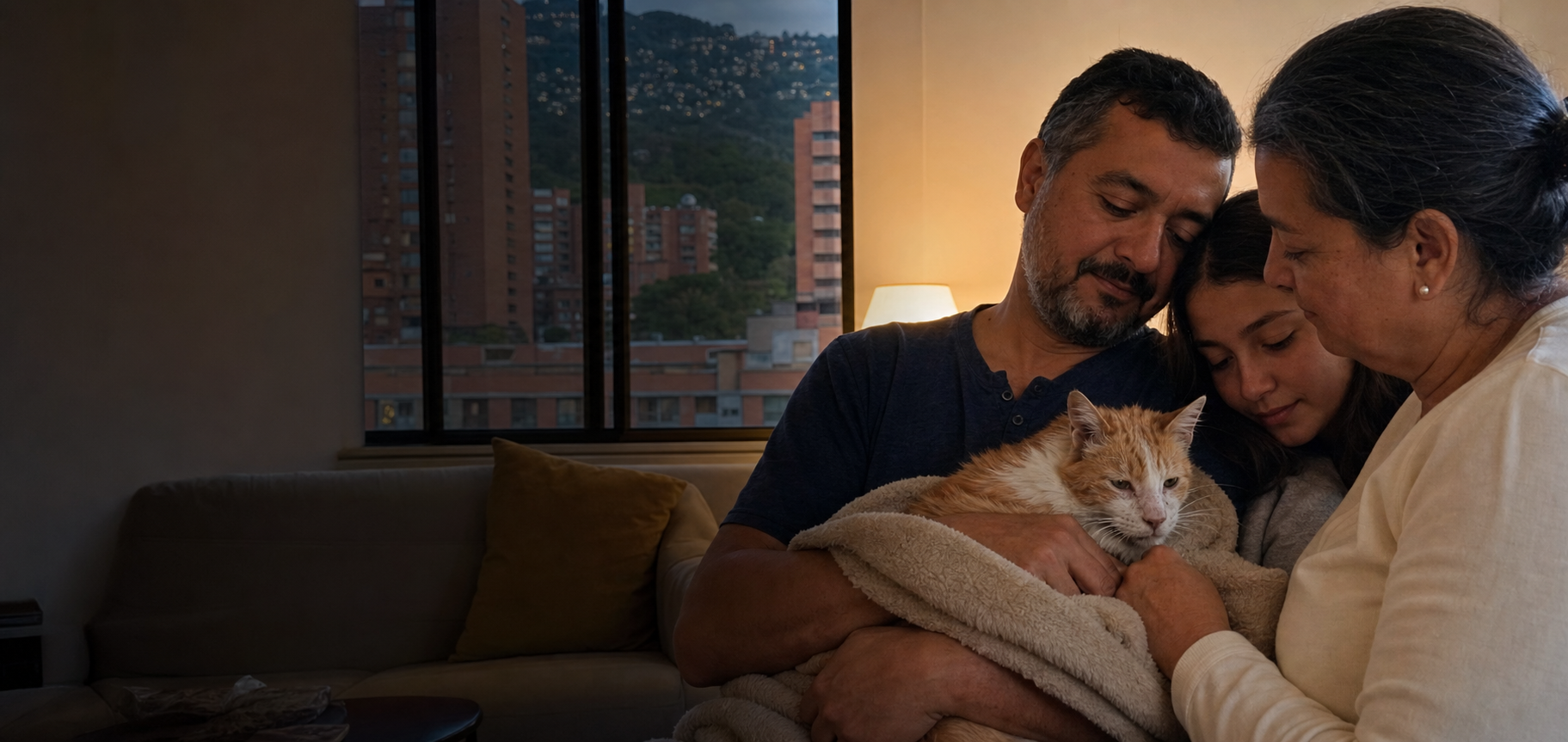 Familia acompañando a un gato mayor y delicado en casa en Bello
